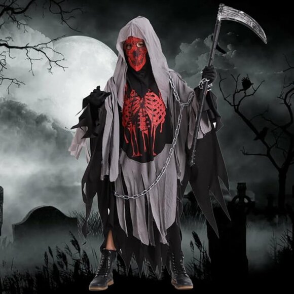 Grim Reaper Children's Halloween Costume Set with Waist Chain and Toy Scythe - Picture 7 of 10